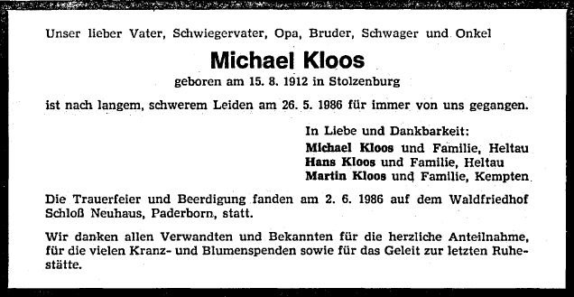 Kloos Michael 1912-1986 Todesanzeige